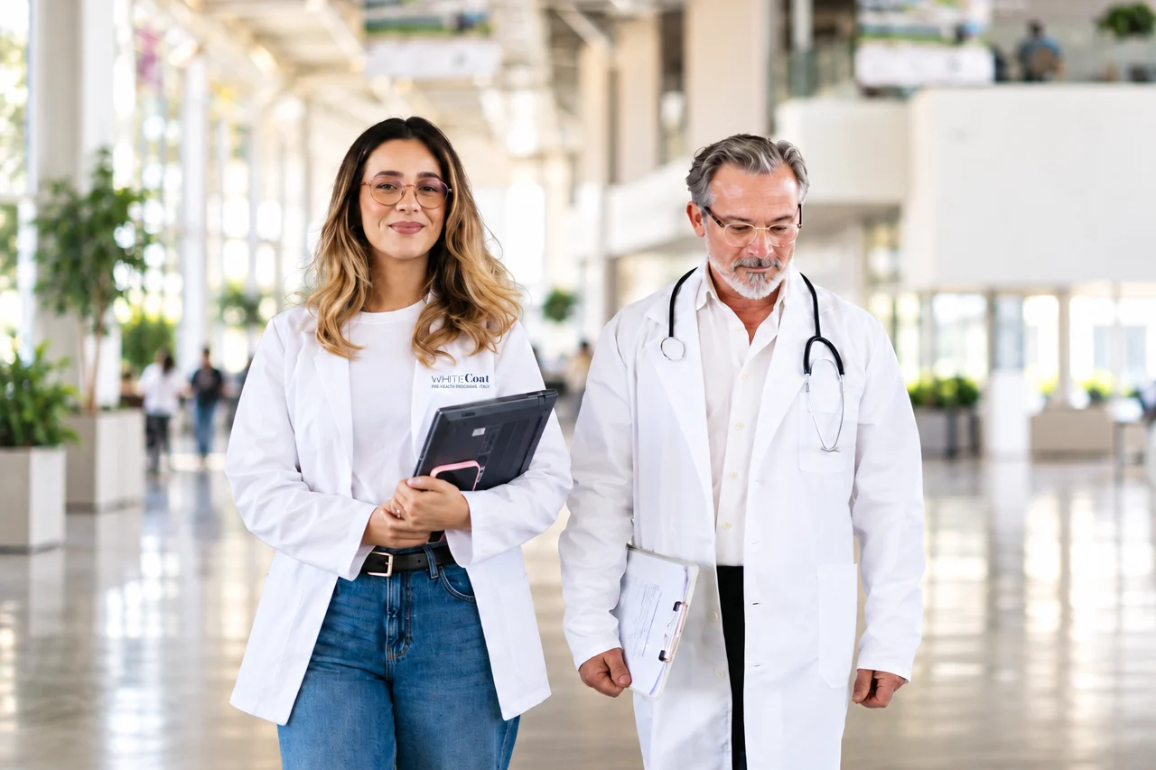 Pre-health student in a White Coat lab coat walking with a senior physician in a bright teaching-hospital atrium
