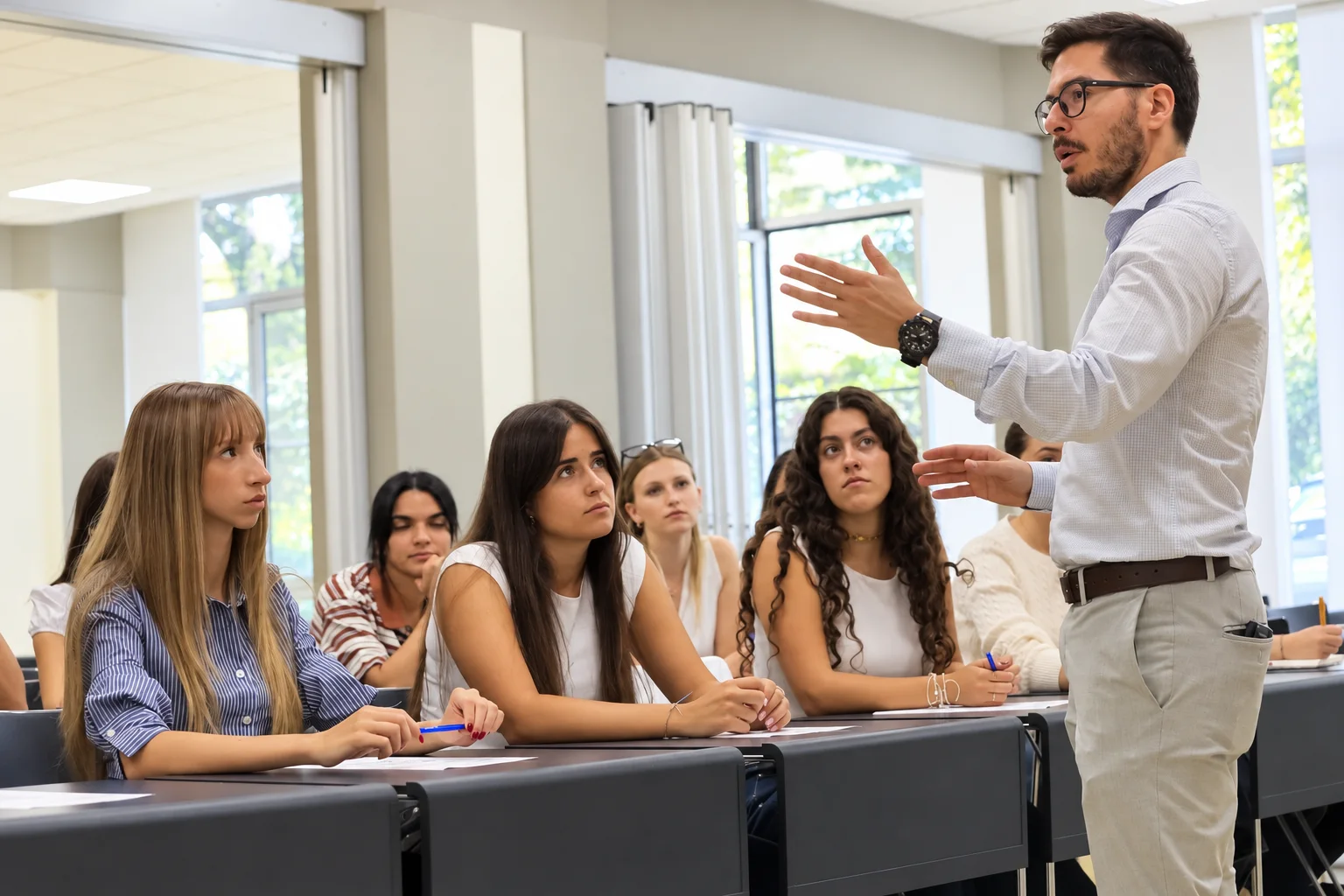 Pre-health students listening to a lecturer in a bright university classroom